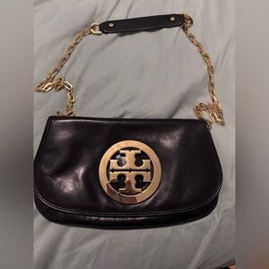 Tory Burch, black leather shoulder bag with gold logo